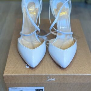 Christian Louboutin White Patent Pointed Toe Ankle Tie Heels